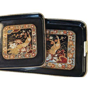 2 Piece Lacquerware Serving Nesting Tray Set Black Gold Lacquer w/Peacocks Japan